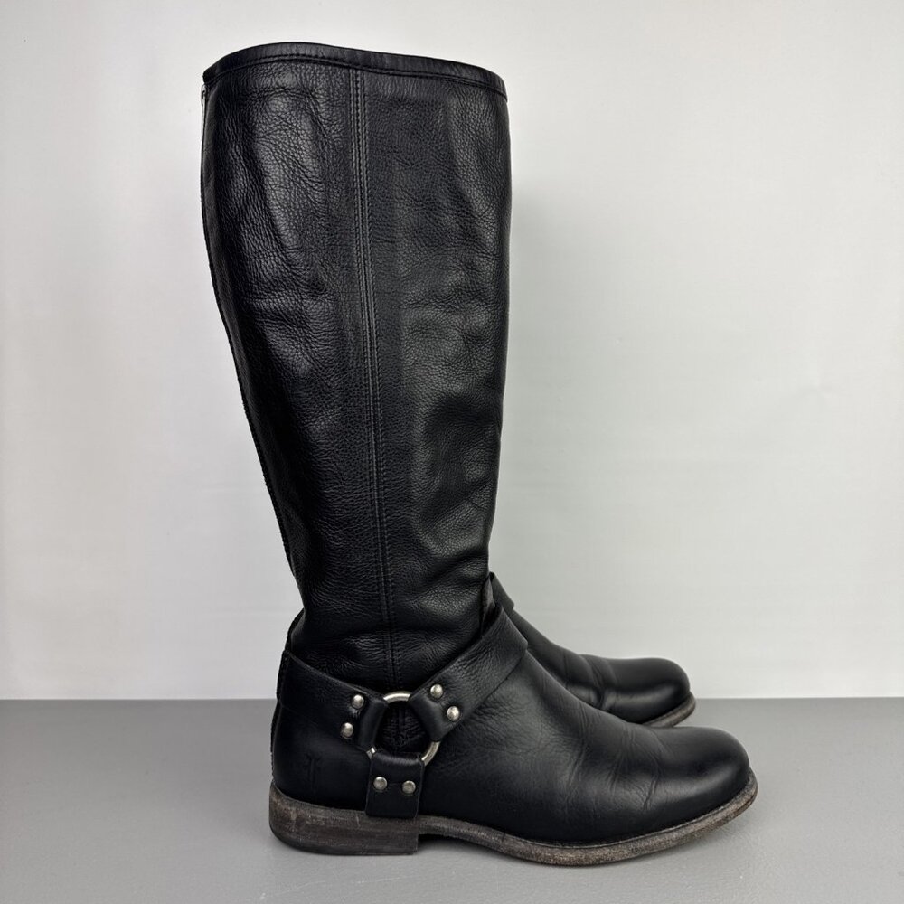Frye Phillip Harness Tall Boots Riding Leather Back Zip Black 76850 Womens 8.5 B